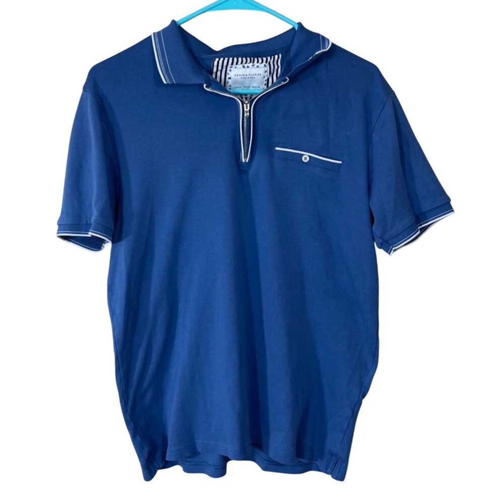 Denim & Flower Ricky Singh Polo Shirt Size M Medium Blue White Zip